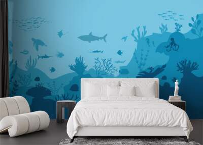 silhouette of coral reef with fish on blue sea background underwater vector illustration	
 Wall mural