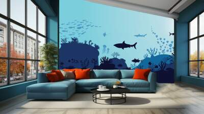 silhouette of coral reef with fish  on blue sea background underwater vector illustration Wall mural