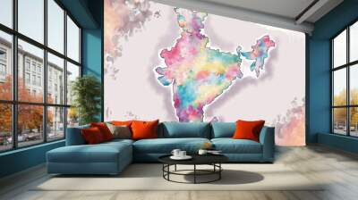 Watercolor illustration of India map with colorful paint splatter background. Wall mural