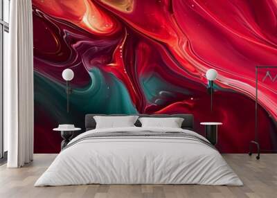 Amazing abstract dark red texture. 3d horizontal banner red royal color. Oil marble picture with glowing effect. Wavy fluid trendy modern background. Ad summer tropical sale.  Wall mural