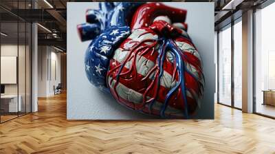 American Flag color painted human heart isolated on blurred background, concept of American spirit, make US great again, fight for freedom, strong USA, patriot. Wall mural