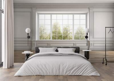 Classical empty room interior 3d render,The rooms have wooden floors and gray walls ,decorate with white moulding,there are white window looking out to the nature view. Wall mural