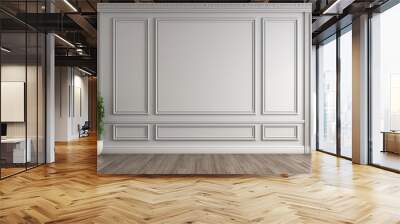 Classical empty room interior 3d render,The rooms have wooden floors and gray walls ,decorate with white moulding,there are white window looking out to the nature view. Wall mural