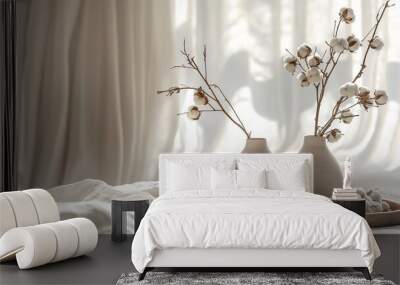 Cotton flowers in beige ceramic vase on a wooden tray with cotton buds in the background of cozy bedroom background with large window with white linen curtains under sunlight, copy space. Wall mural