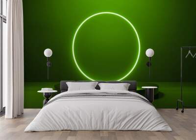 Futuristic steel product display podium on green circle neon light glowing dark background, blank product pedestal showcase for sci-fi, virtual, digital product display. Wall mural