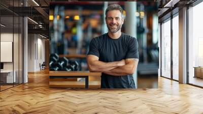 Gym, fitness and portrait of proud man standing with smile, motivation, health and energy for training. Coach, personal trainer or happy boxing club owner in studio for workout, coaching and wellness Wall mural