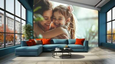 Happy family having fun time at home, smiling mom hugging and having fun with her little girl on blurred modern home background with copy space. Wall mural