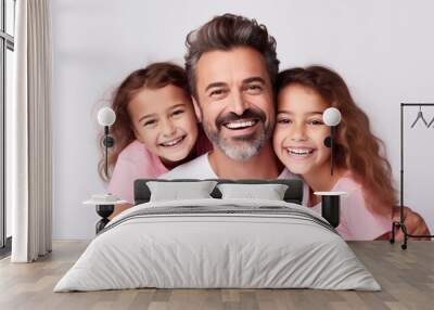 Happy Father's Day concept, busy father organizes holiday on International children day for two daughters, have home party, big smile family portrait. Wall mural