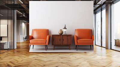 Luxury classic orange leather armchairs with lamp wooden cupboard living room background with copy space. Wall mural