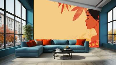 Portrait illustration of Asian American native Hawaiian Pacific Islander Heritage woman with tropical plant leaves and Hibiscus flowers isolated on beige background with copy space. Wall mural