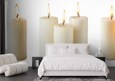 Set of different white candles bundle on transparent png background. The candles are different designs in groups of three, with flame. Wall mural