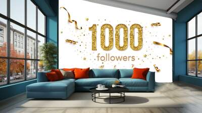 1000 followers celebration horizontal vector banner. Social media achievement poster. One thousand followers thank you lettering. Golden sparkling confetti ribbons. Shiny gratitude text on white Wall mural