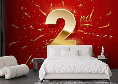 2 golden number and Anniversary Celebrating text with golden serpentine and confetti on red background. Vector second anniversary celebration event square template. Wall mural