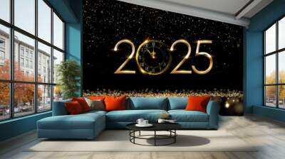 2025 Happy New Year clock countdown background. Gold clock with glitter shining in light with sparkles abstract celebration. Greeting festive card vector illustration. Merry holiday poster design. Wall mural