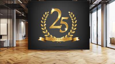 25 anniversary golden symbol. Golden laurel wreaths with ribbons and twenty fifth anniversary year symbol on dark background. Vector anniversary design element. Wall mural