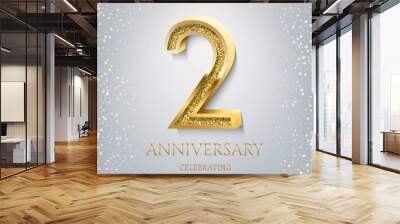 2nd Anniversary Celebrating golden text and confetti on light blue background. Vector celebration 2 anniversary event template. Wall mural