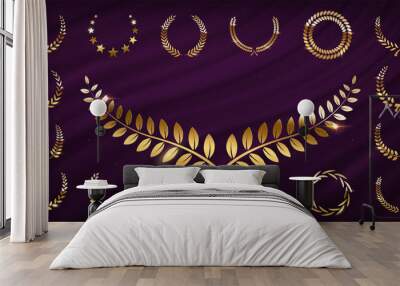 Award prize set, gold laurel wreath and stars on purple curtain, winner nomination emblem Wall mural