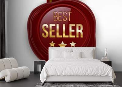 Award seal 3d realistic vector color illustration. Reward. Best seller seal with stars. Certified product. Quality badge, emblem with red ribbon. Winner trophy. Isolated design element. Wall mural