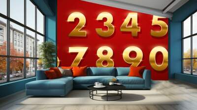 Birthday golden numbers and ending of the words isolated on red background.. Set of gold yellow isolated numbers. Bright metallic 3D, realistic vector design elements Wall mural