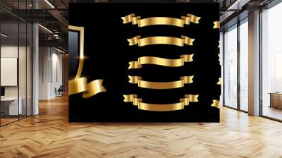 Black glass shield with gold ribbons set of different shapes, 3d glossy insignia or prize Wall mural