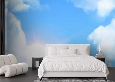 Blue bright sky with clouds and shine of sun, realistic cloudy weather, glare of sunshine Wall mural