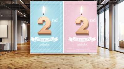 Burning number 2 birthday candle with vintage ribbon and birthday celebration text on textured blue and pink backgrounds in postcard format. Vector vertical second birthday invitation templates. Wall mural