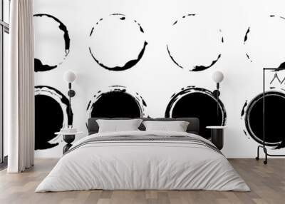 Circles of brush paint set, paintbrush scratch texture of round shape, ink smear splash Wall mural