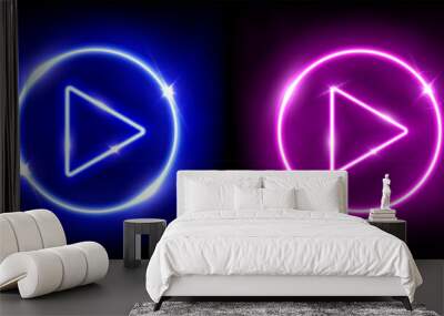 Collection of red and blue neon play buttons 3d vector illustration. Abstract shiny circle rings on black background with glowing triangle. Play icons, Press to start. Multimedia, audio, video, music Wall mural