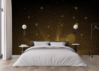 Flashlight of magic light with golden beams, spark and glitter vector illustration. 3D realistic gold glow and glare of star, shine of bright rays of energy and highlights on dark night background Wall mural