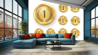 Gold medal award, number 1 prize set, golden first place winner trophy with laurel wreath Wall mural