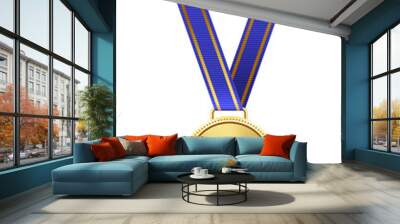 Gold medal with blue ribbon and laurel wreath vector illustration. Realistic isolated trophy medal with metal reward badge for winners and champions Wall mural