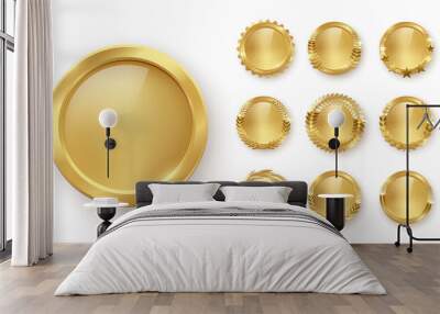 Gold medal with laurel wreath, circle award set, 3d golden winner badge medallion Wall mural