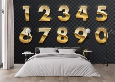 Gold numbers with endings made of golden ribbons isolated on transparent background. Vector decorative design elements Wall mural