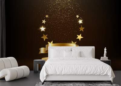 Gold podium with luxury award and falling golden glitter, 3D honor trophy for winners Wall mural