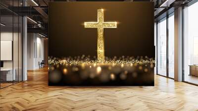 Gold prayer cross realistic vector illustration. Luxurious jewelry, elegant accessory under golden glitter rain. Precious metal jewel on black background. Christian faith, catholic religion symbol. Wall mural