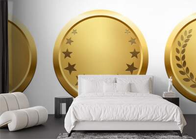 Gold round winner medals with laurel wreath and stars silhouettes, 3d realistic set Wall mural