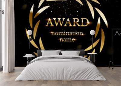 Gold text award and nomination name and round wreath, shiny falling tinsel foil confetti Wall mural