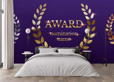 Golden, silver and bronze award signs with laurel wreath isolated on purple background. Vector award design templates. Wall mural