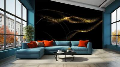 Golden glitter waves background. Gold lines in shiny light vector illustration. Bright swirl in dust sparkling on black wallpaper design. Christmas or holiday card decoration Wall mural