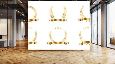 Golden laurel wreath with ribbon set vector illustration. Winner award with leaves and stars, trophy, gold certificate or birthday congratulation for ceremony isolated on white Wall mural