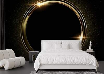 Golden round metal circle rings with sparkles background. Shining abstract frame. Yellow shiny circular lines. Modern futuristic graphic vector illustration. Flares glowing effect Wall mural