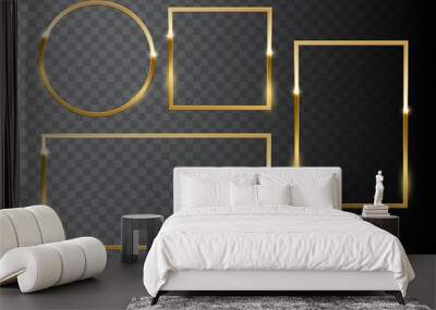 Golden shiny frame set isolated on dark transparent background. Vector design elements. Wall mural