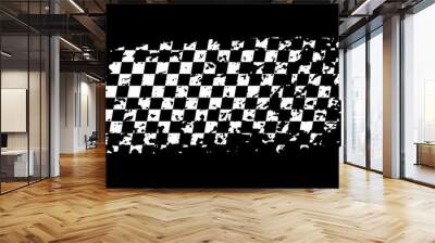 Grunge waing car race flag with scratches vector illustration. White checkered pattern of start and finish of auto rally and motocross, banner for karting sport, championship trophy on black Wall mural