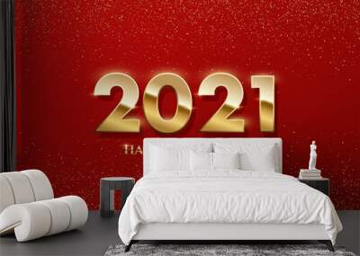 Happy new year 2021 background. Gold shining in light with sparkles celebration flyer. Greeting festive card vector illustration. Merry holiday modern poster or wallpaper design on red background Wall mural