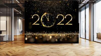 Happy new year 2022 clock countdown background. Gold glitter shining in light with sparkles abstract celebration. Greeting festive card vector illustration. Merry holiday poster or wallpaper design. Wall mural