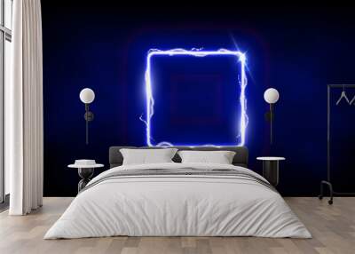 Magic blue square of thunder storm blue lightnings. Magic and bright light effects electric border. Plasma frame with thunderbolt electricity lightning power effect on dark fog background Wall mural