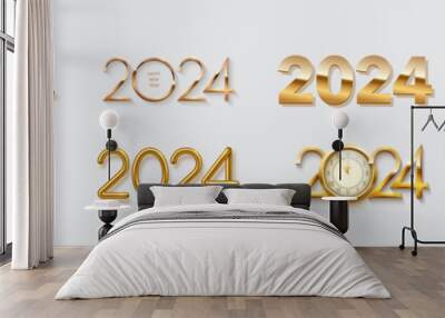 Set of 2024 New Year gold numbers for greeting cards, banners or posters vector illustration. Different 2024 golden numbers templates with glow light effect, clocks and shining ring isolated on white. Wall mural