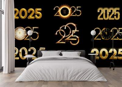 Set of 2025 New Year gold numbers for greeting cards, banners or posters vector illustration. Different 2025 golden numbers templates with glow light effect, clocks and shining ring isolated on black Wall mural