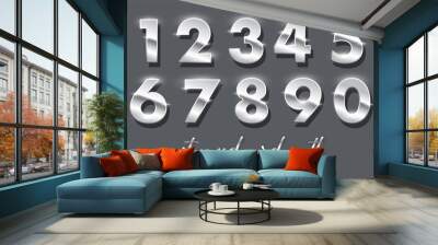 Silver number metal set, 3d shiny chrome or stainless steel numbers with glossy effect Wall mural