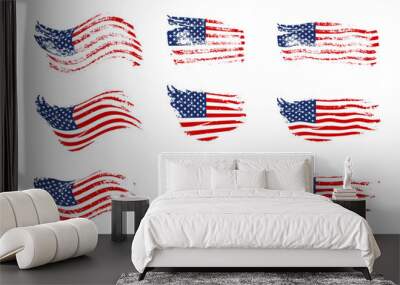 Vintage waving USA flag set. Vector waving American flags on grunge texture. Wall mural